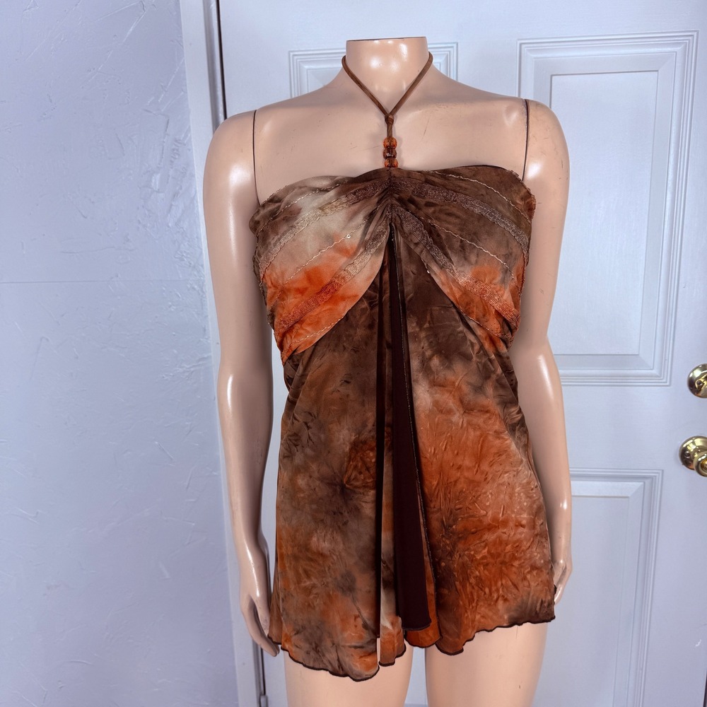 Vintage Y2K Studio 1940 Shirt Large Tank Top Tie Dye Halter Beaded Boho P22